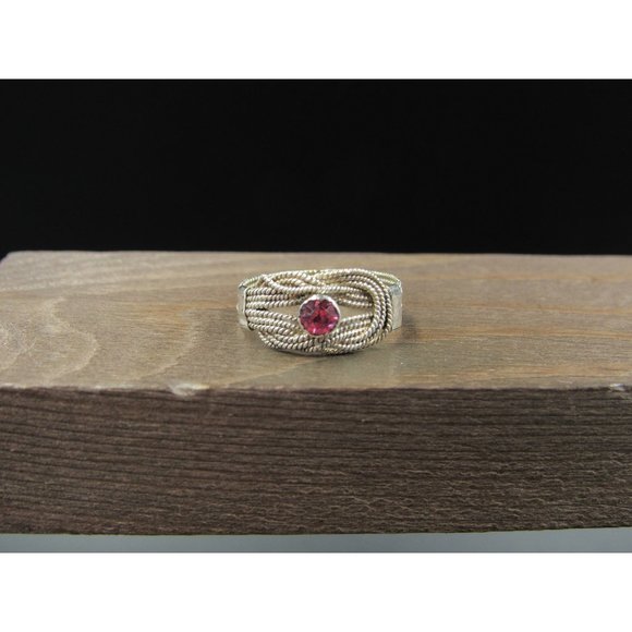 Size 6.5 Sterling Silver Handmade Knot Style Pink Crystal Band Ring Vintage - Picture 1 of 8